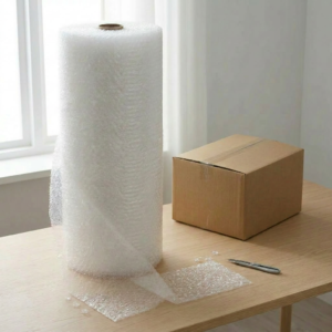 Roll of bubble wrap beside labeled cardboard box and a pen on a table