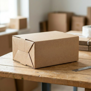 Corrugated cardboard box labeled 180 x 120 x 80 mm on wooden table